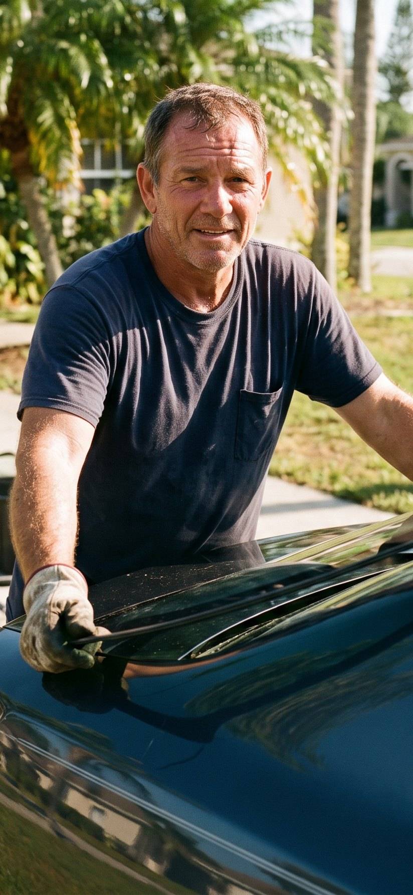 Technician replacing a cracked windshield on a car in Tampa