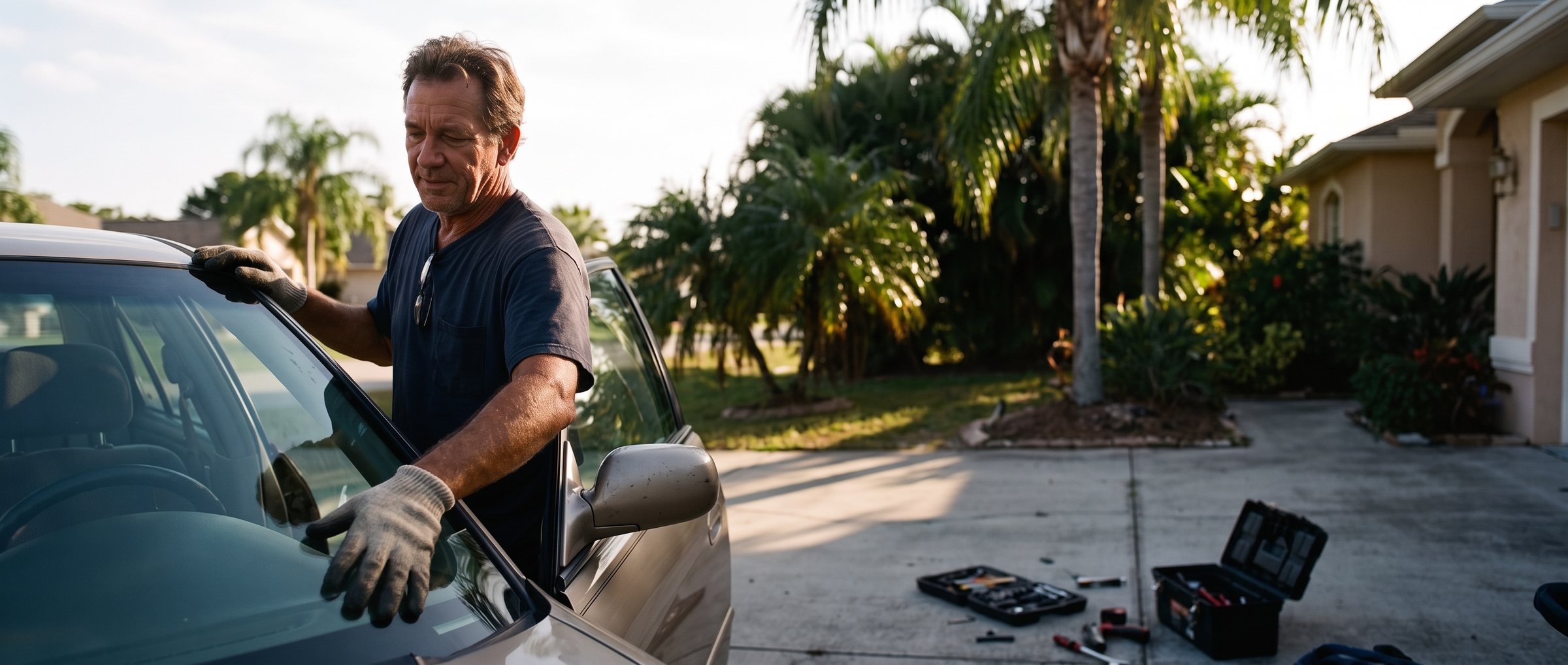 Technician replacing a cracked windshield on a car parked in a Lutz, Florida lot