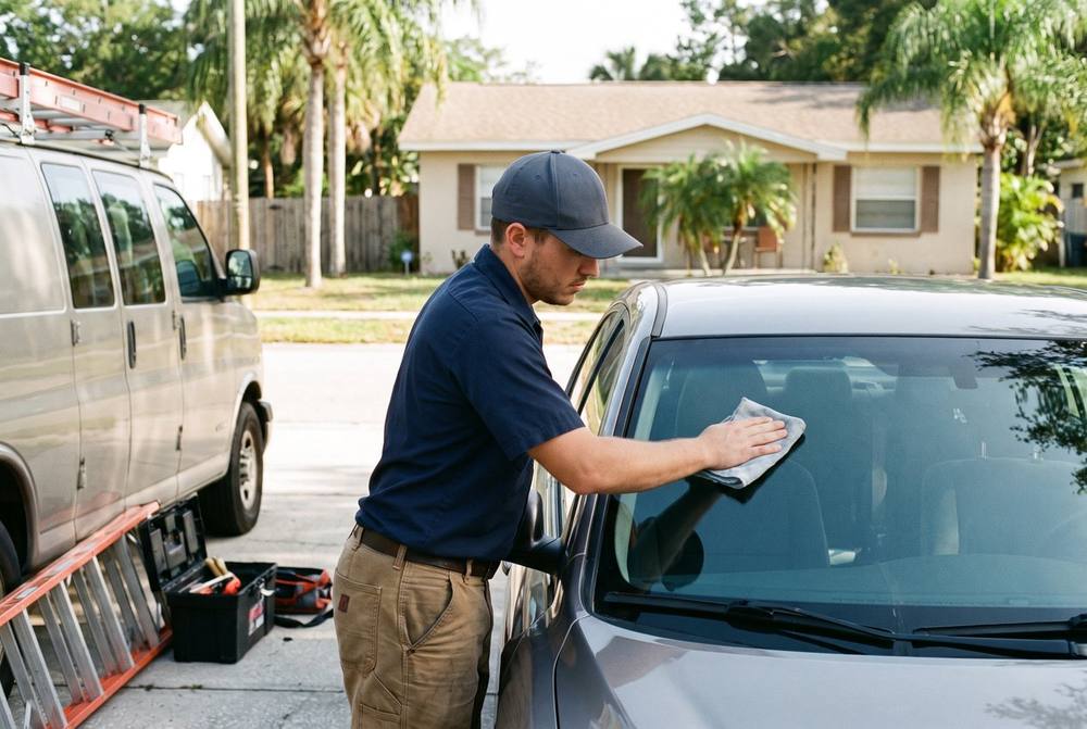 Technician installing a new windshield on a vehicle in Tampa, FL
