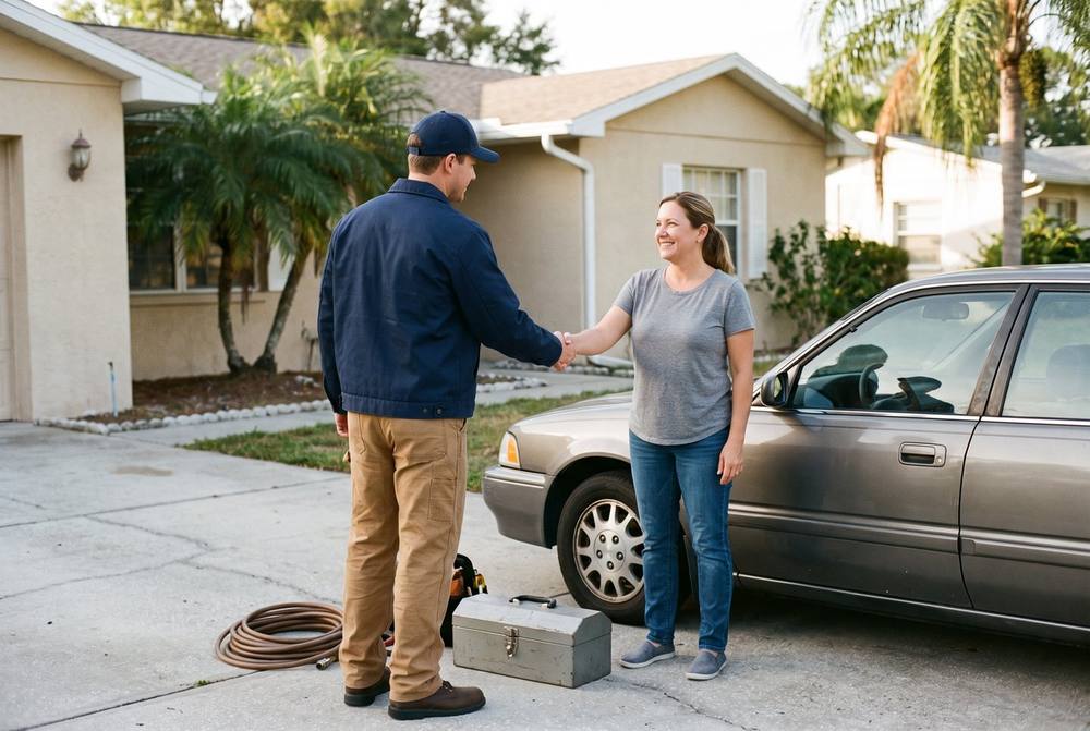 Technician installing a new windshield on a vehicle in a driveway in Plant City, Florida