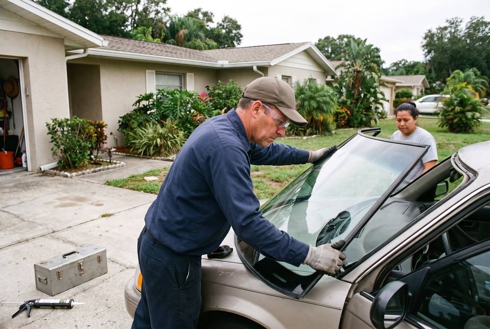 Technician installing a replacement windshield on a car in Tampa, FL